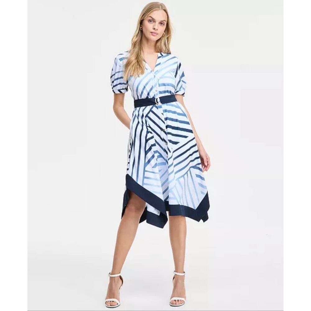 KARL LAGERFELD PARIS Printed Handkerchief-Hem Shirtdress White/Blue 0